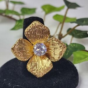 Gold and Silver Flower Ring with Zirconia Center